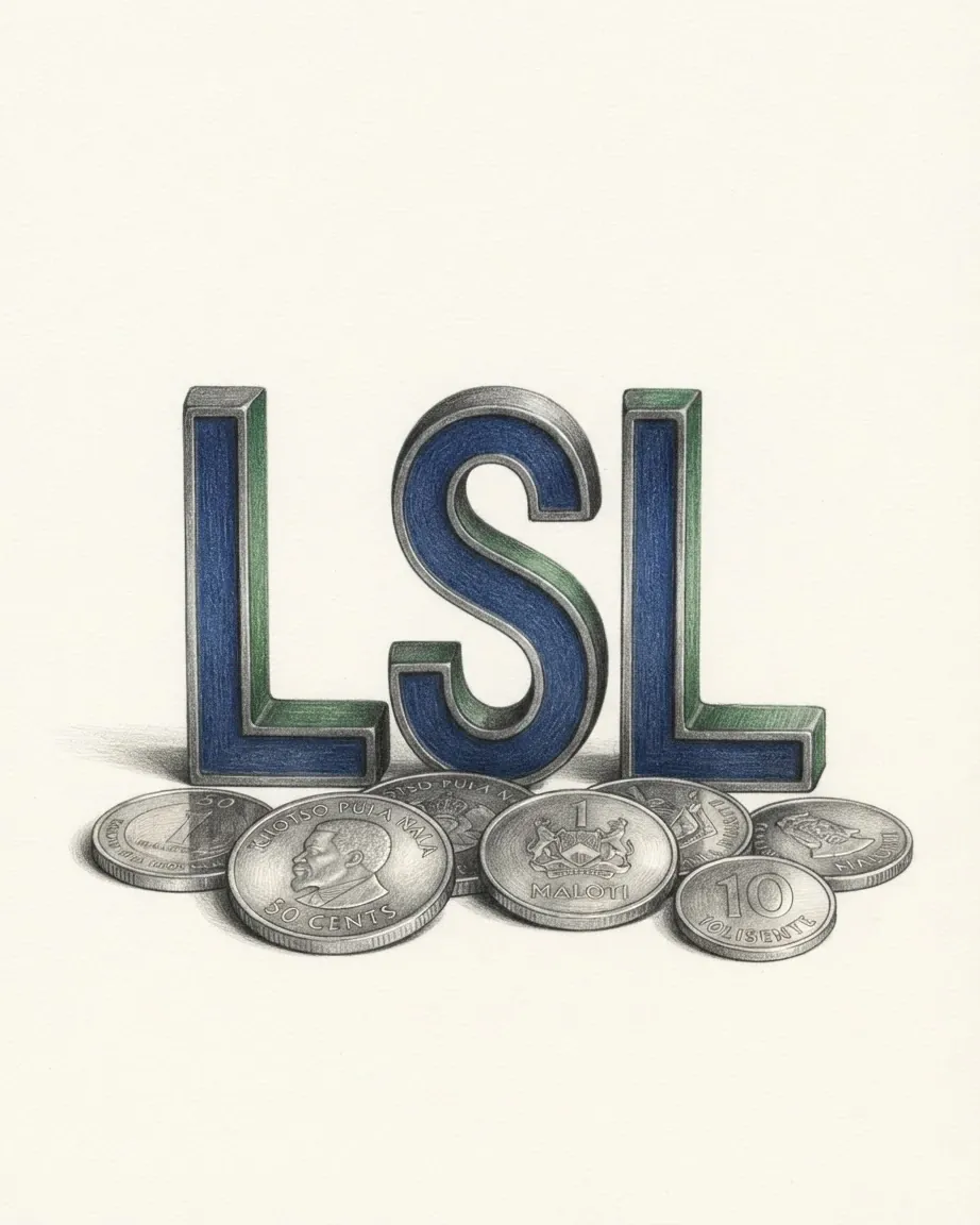 A pencil drawing of the letters LSL as a solid coloured object, standing among coins of the Lesotho loti.