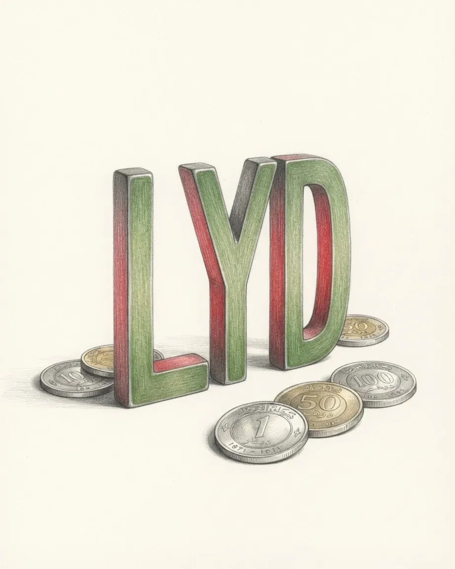 A pencil drawing of the letters LYD as a solid coloured object, standing among coins of the Libyan dinar.