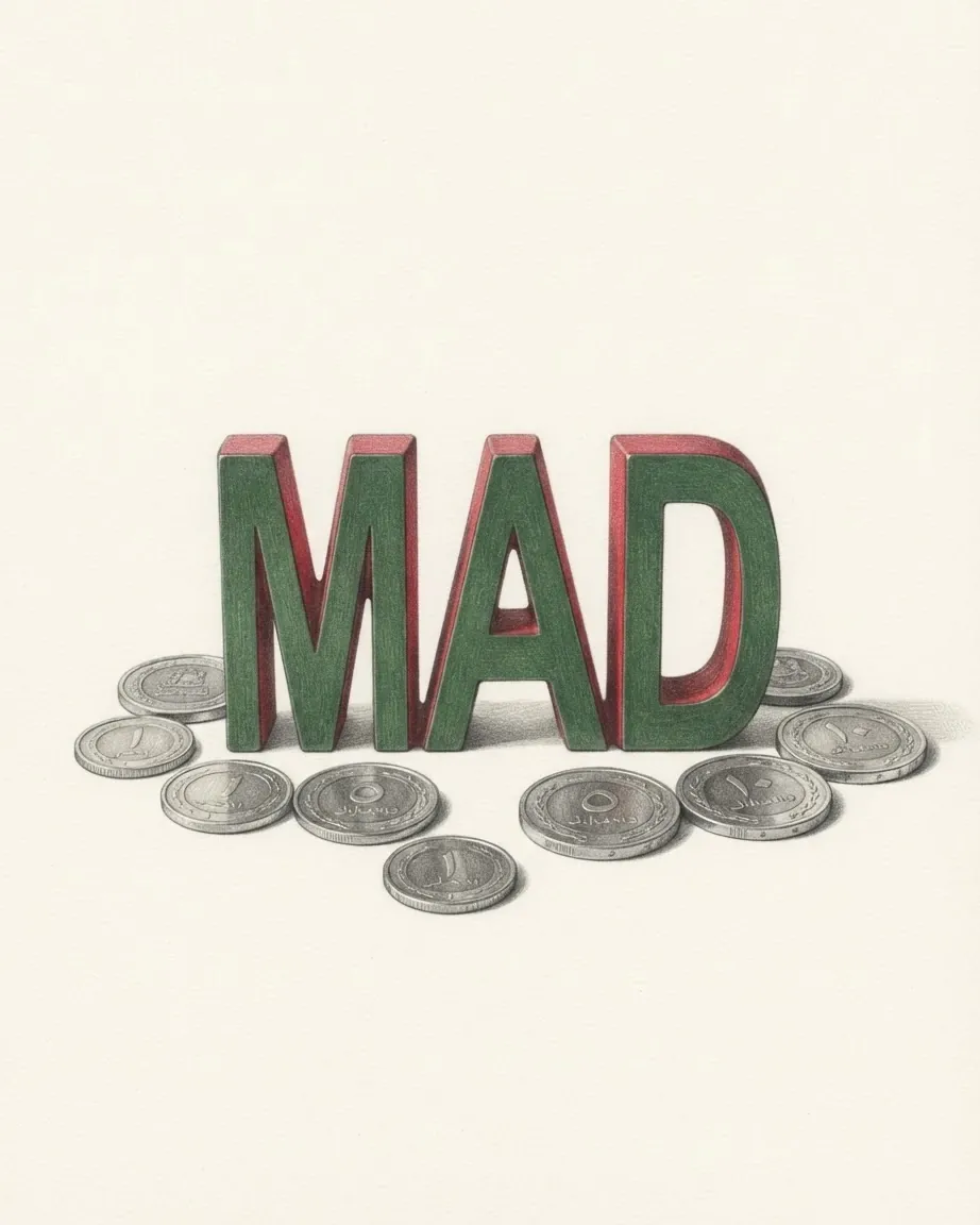 A pencil drawing of the letters MAD as a solid coloured object, standing among coins of the Moroccan dirham.