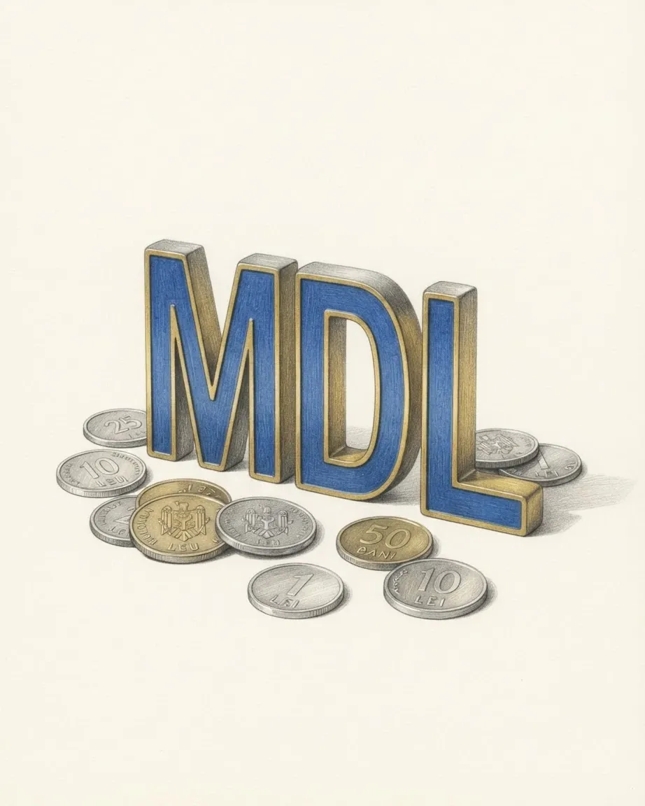 A pencil drawing of the letters MDL as a solid coloured object, standing among coins of the Moldovan leu.