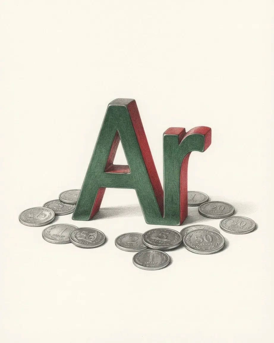 A pencil drawing of the sign Ar as a solid coloured object, standing among coins of the Malagasy ariary.