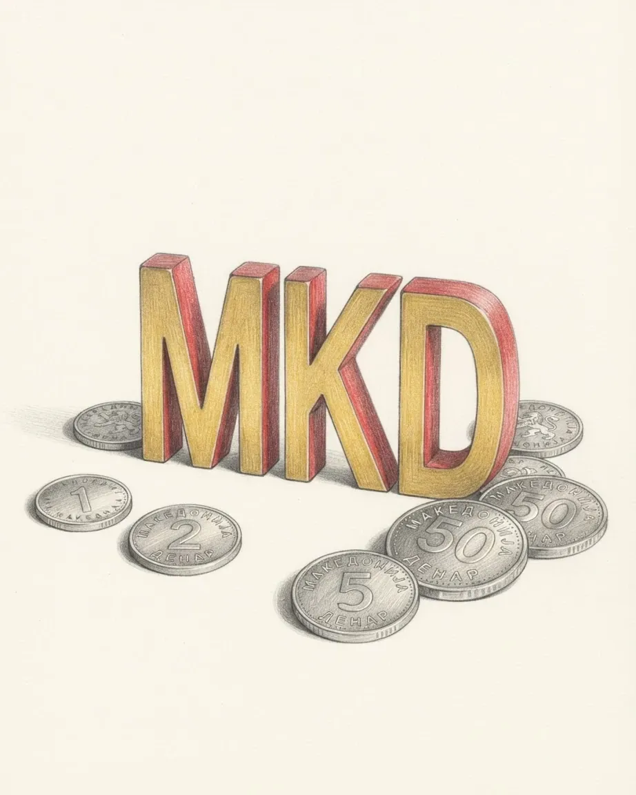A pencil drawing of the letters MKD as a solid coloured object, standing among coins of the Macedonian denar.