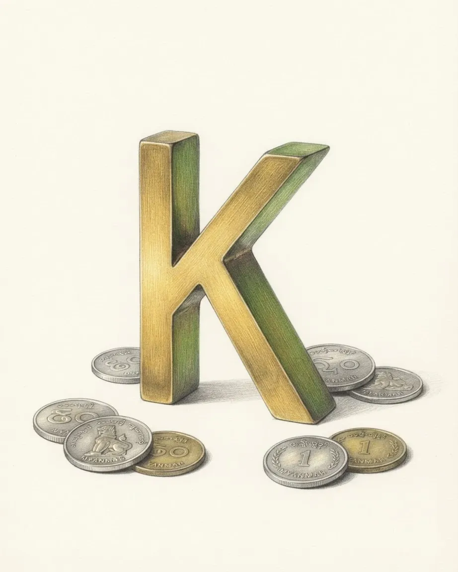 A pencil drawing of the sign K as a solid coloured object, standing among coins of the Myanmar kyat.
