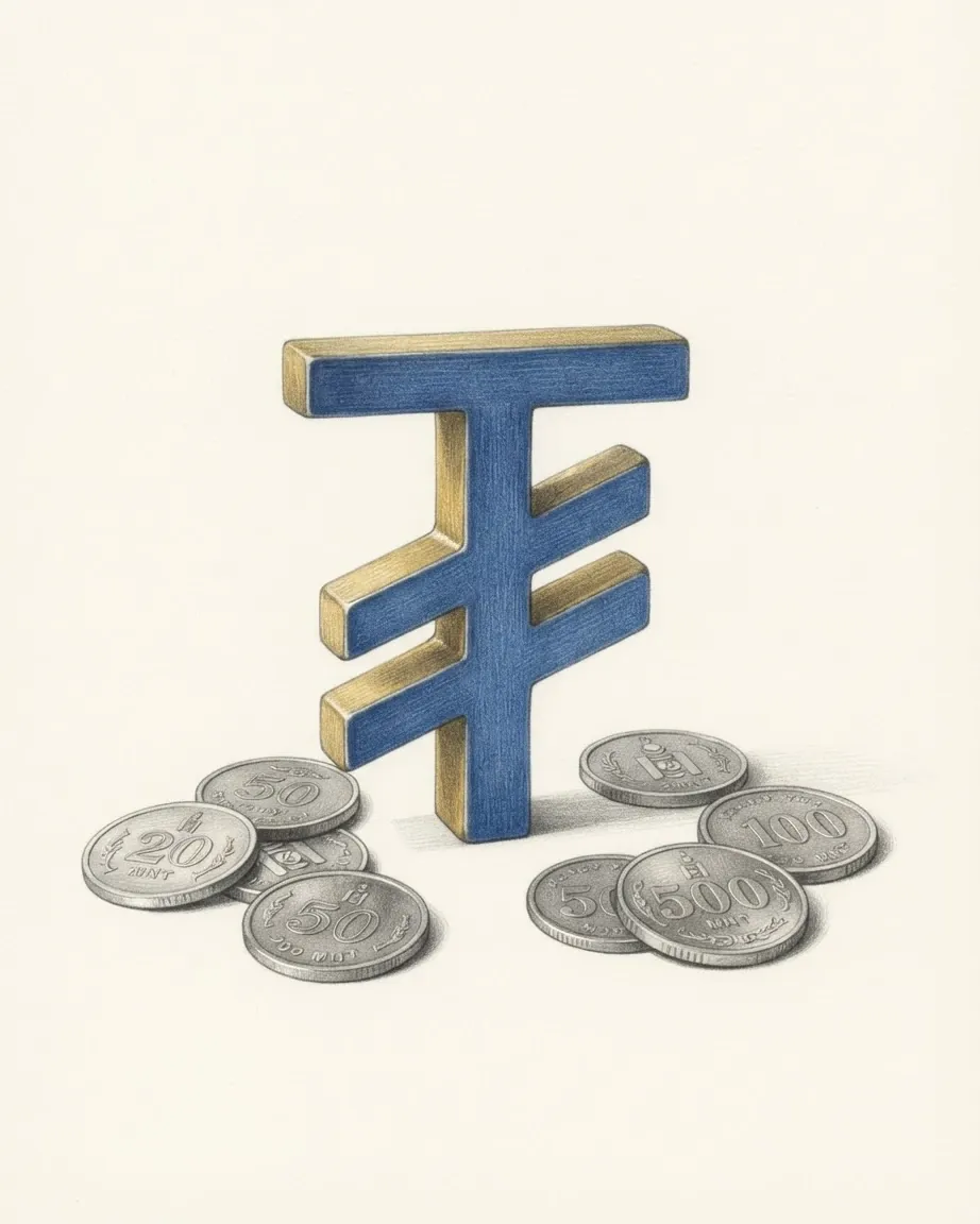 A pencil drawing of the sign ₮ as a solid coloured object, standing among coins of the Mongolian tugrik.