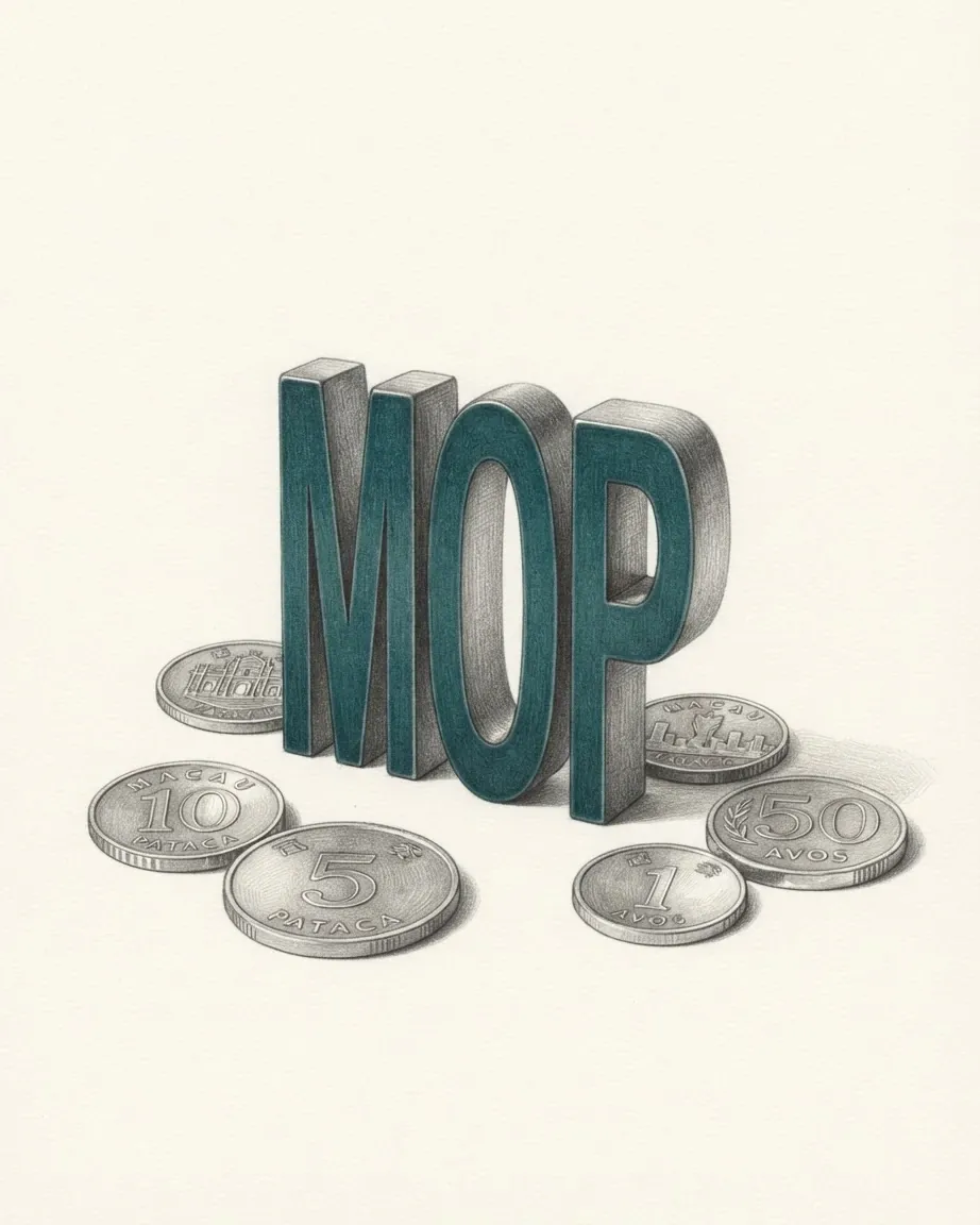 A pencil drawing of the letters MOP as a solid coloured object, standing among coins of the Macanese pataca.
