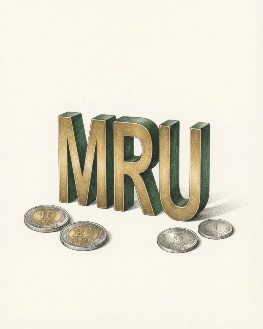 A pencil drawing of the letters MRU as a solid coloured object, standing among coins of the Mauritanian ouguiya.