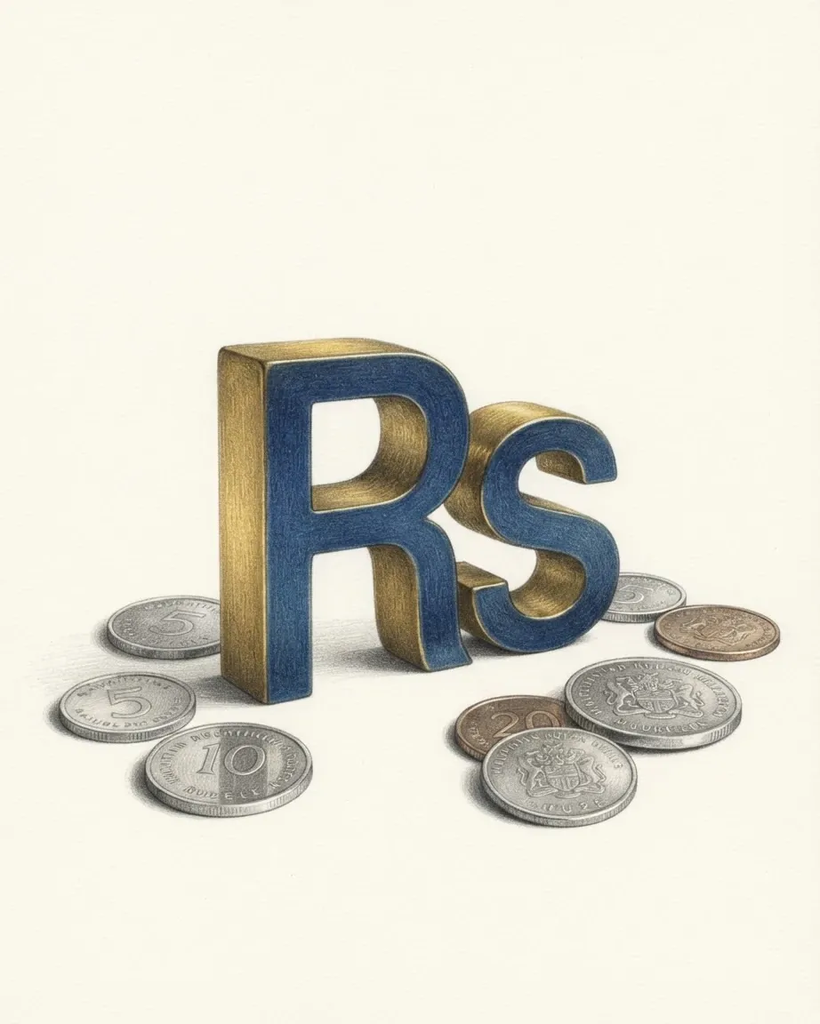 A pencil drawing of the sign Rs as a solid coloured object, standing among coins of the Mauritian rupee.
