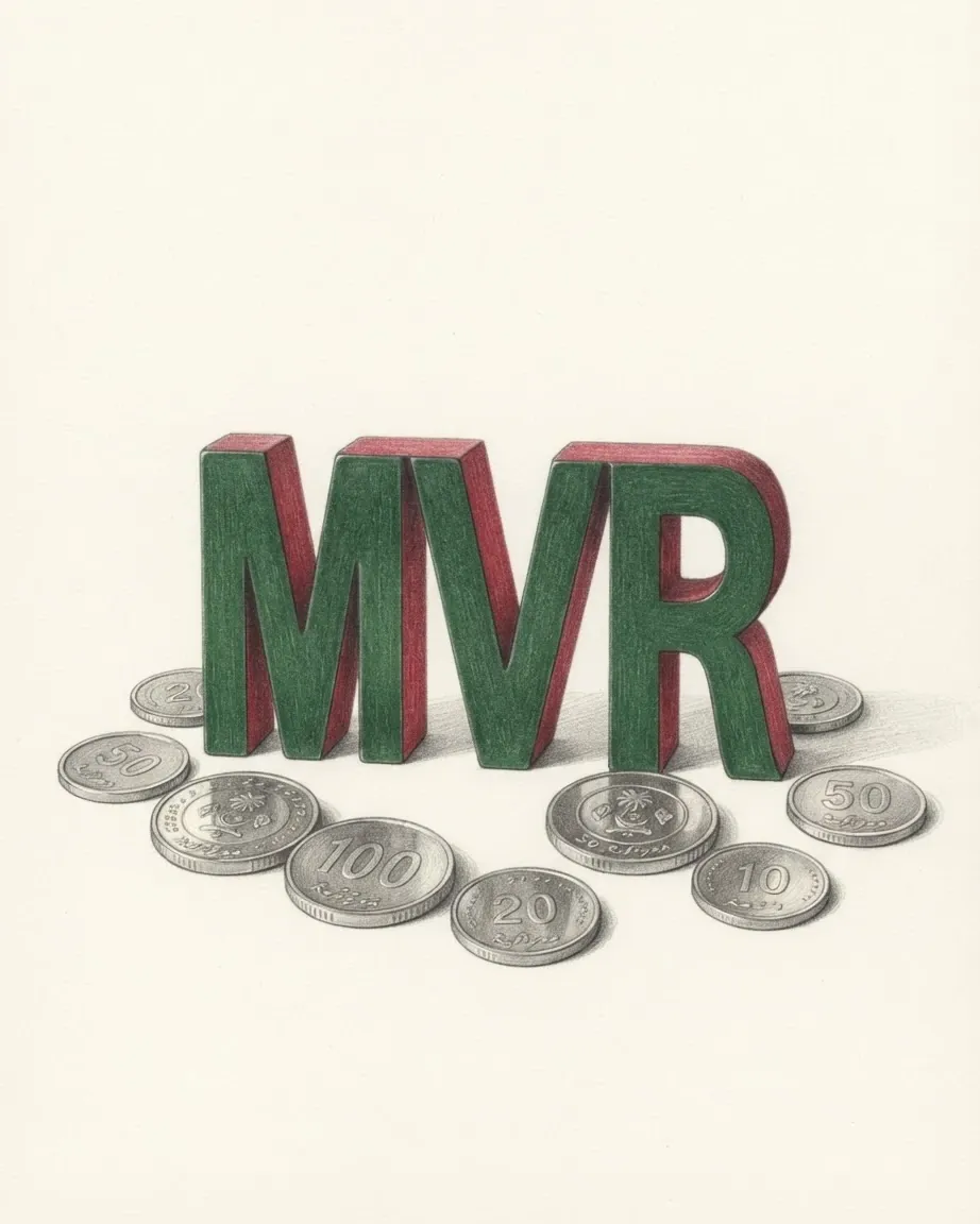 A pencil drawing of the letters MVR as a solid coloured object, standing among coins of the Maldivian rufiyaa.