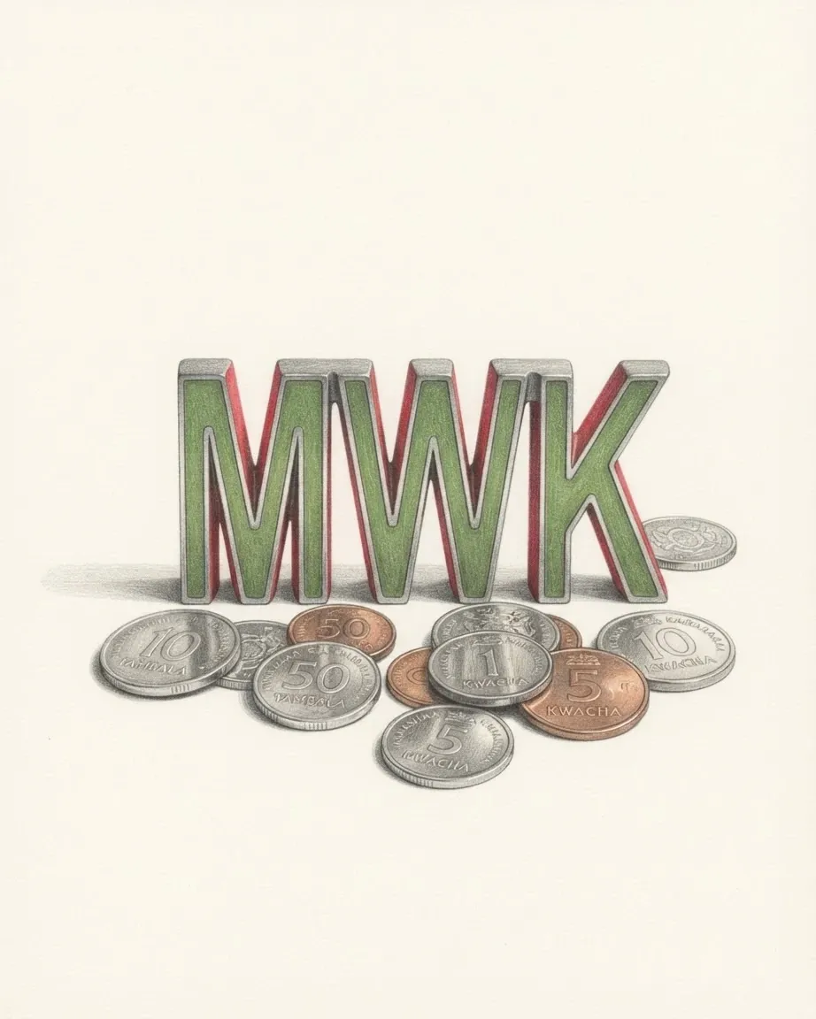 A pencil drawing of the letters MWK as a solid coloured object, standing among coins of the Malawian kwacha.