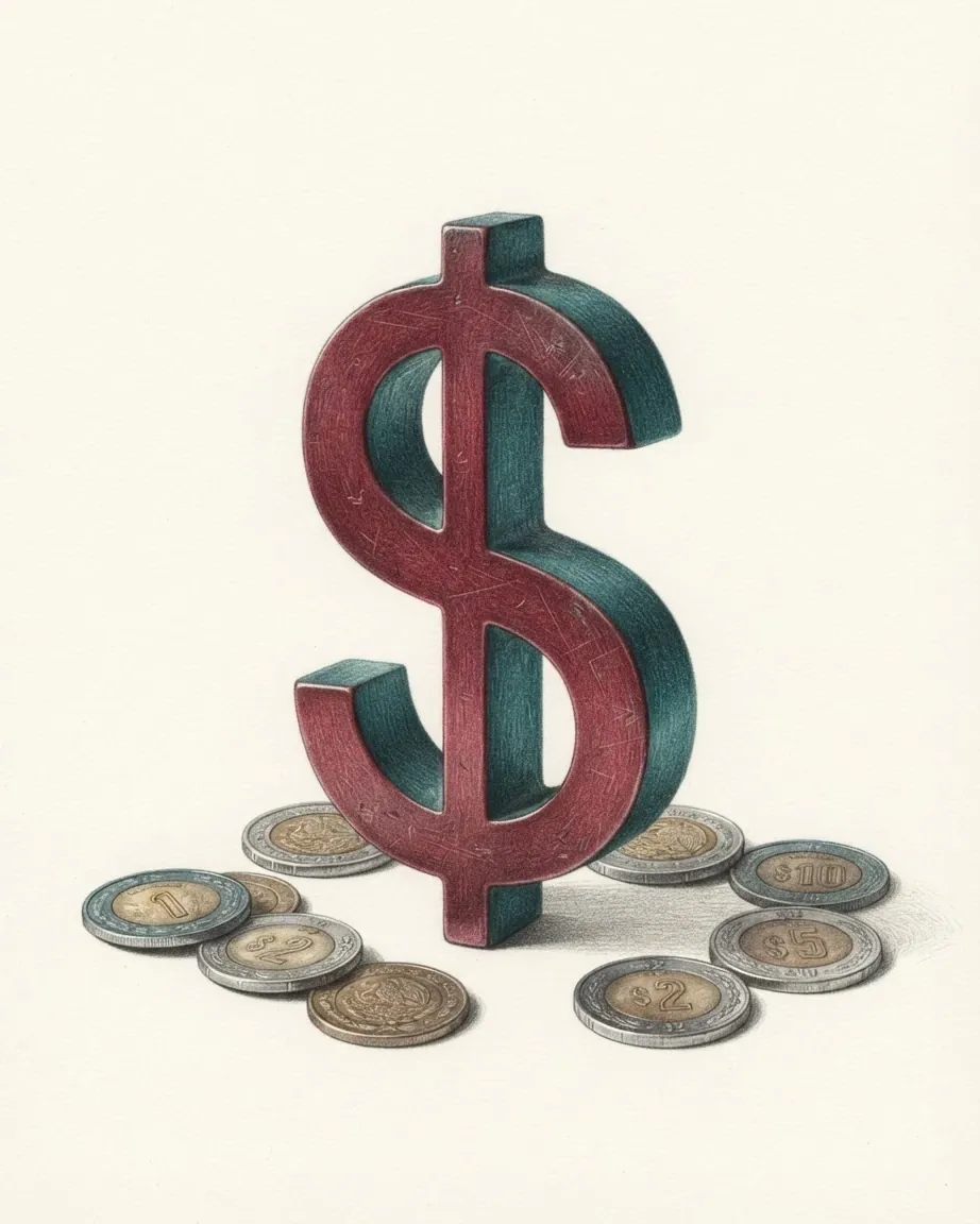 A pencil drawing of the sign $ as a solid coloured object, standing among coins of the Mexican peso.
