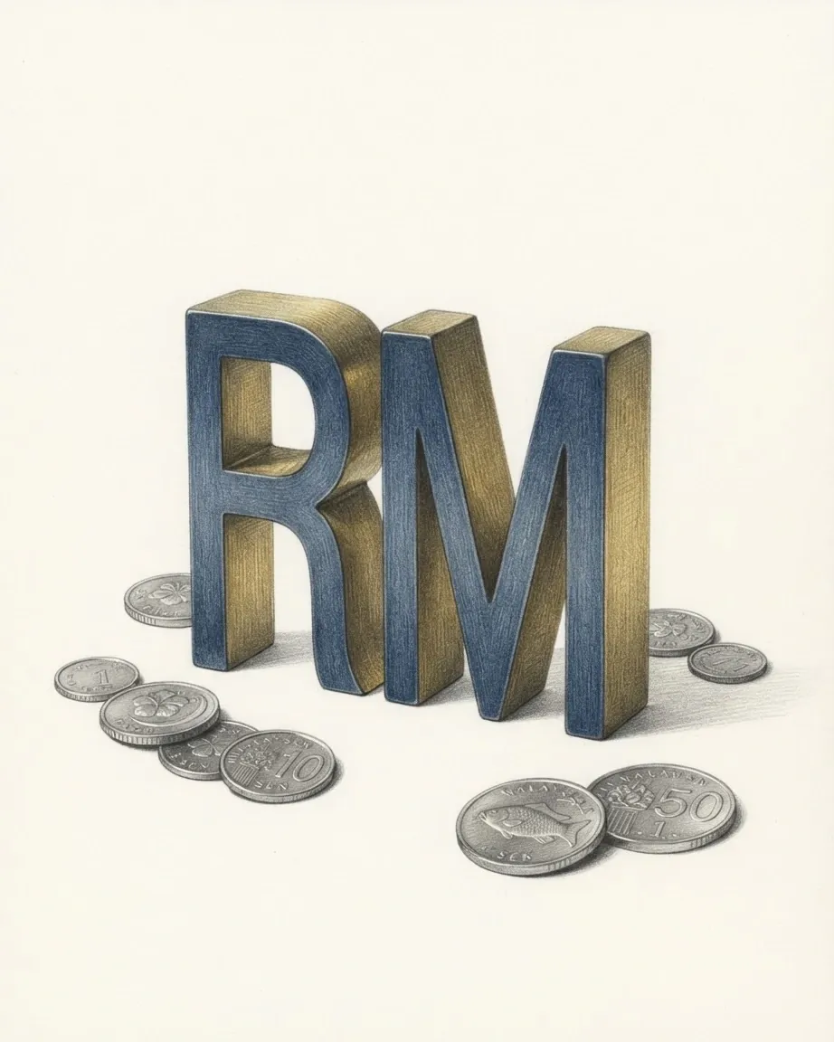 A pencil drawing of the sign RM as a solid coloured object, standing among coins of the Malaysian ringgit.
