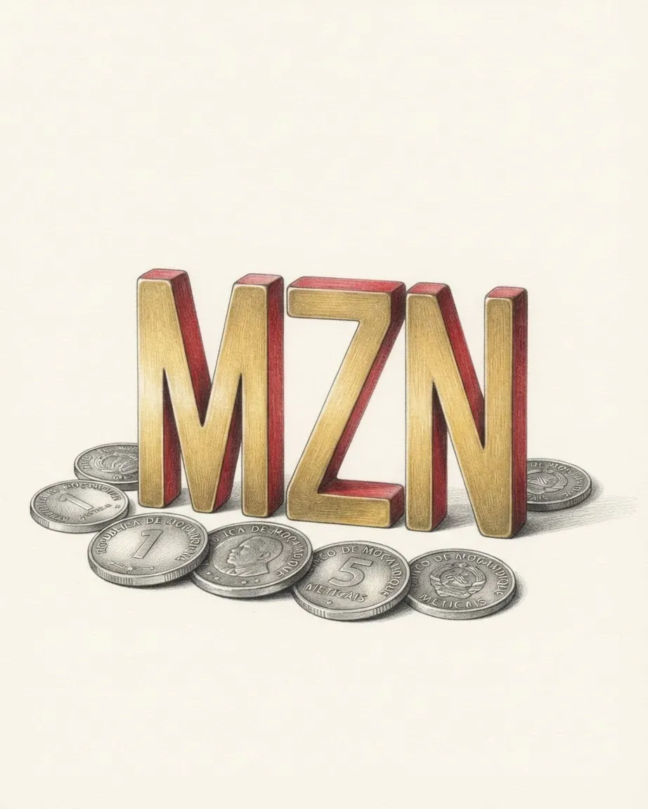A pencil drawing of the letters MZN as a solid coloured object, standing among coins of the Mozambican metical.