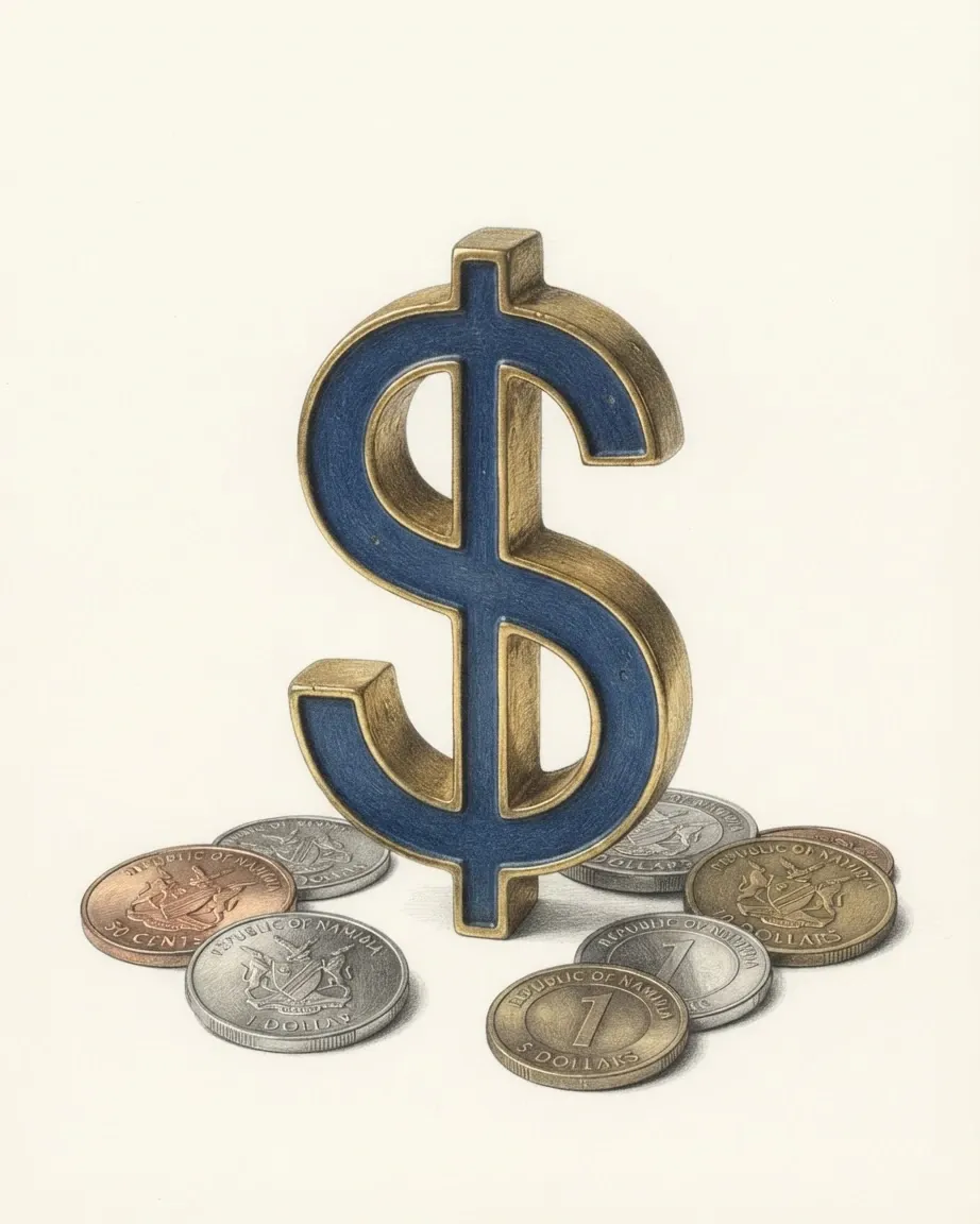 A pencil drawing of the sign $ as a solid coloured object, standing among coins of the Namibian dollar.