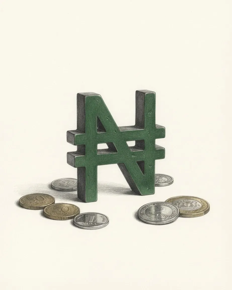 A pencil drawing of the sign ₦ as a solid coloured object, standing among coins of the Nigerian naira.