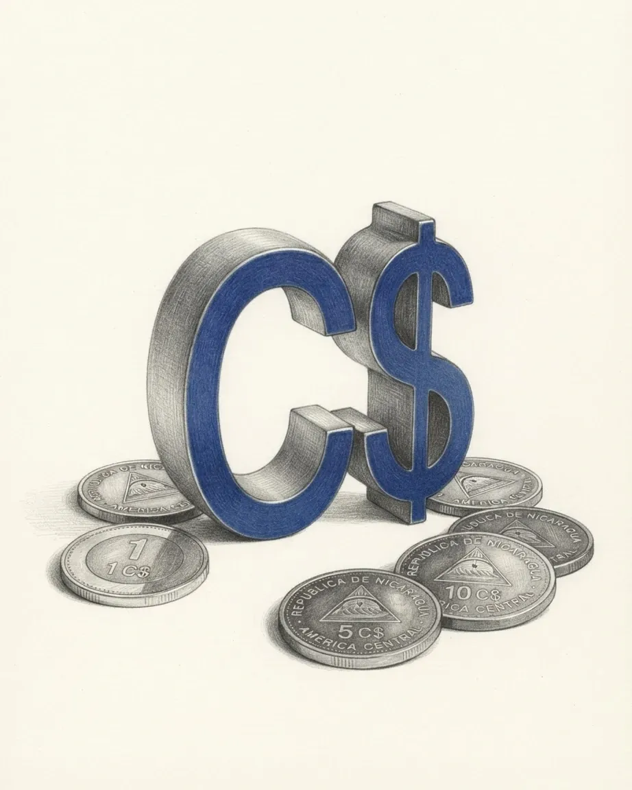 A pencil drawing of the sign C$ as a solid coloured object, standing among coins of the Nicaraguan córdoba.