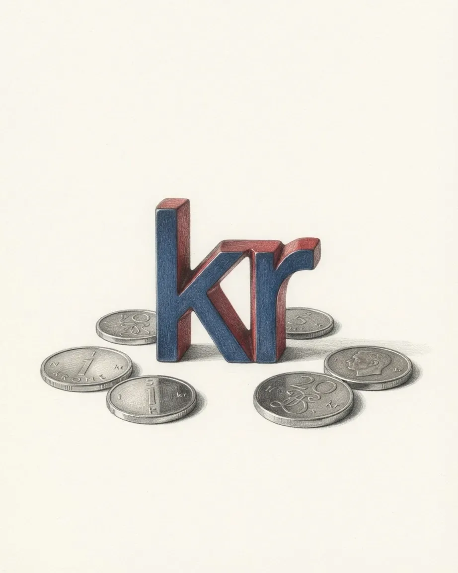 A pencil drawing of the sign kr as a solid coloured object, standing among coins of the Norwegian krone.