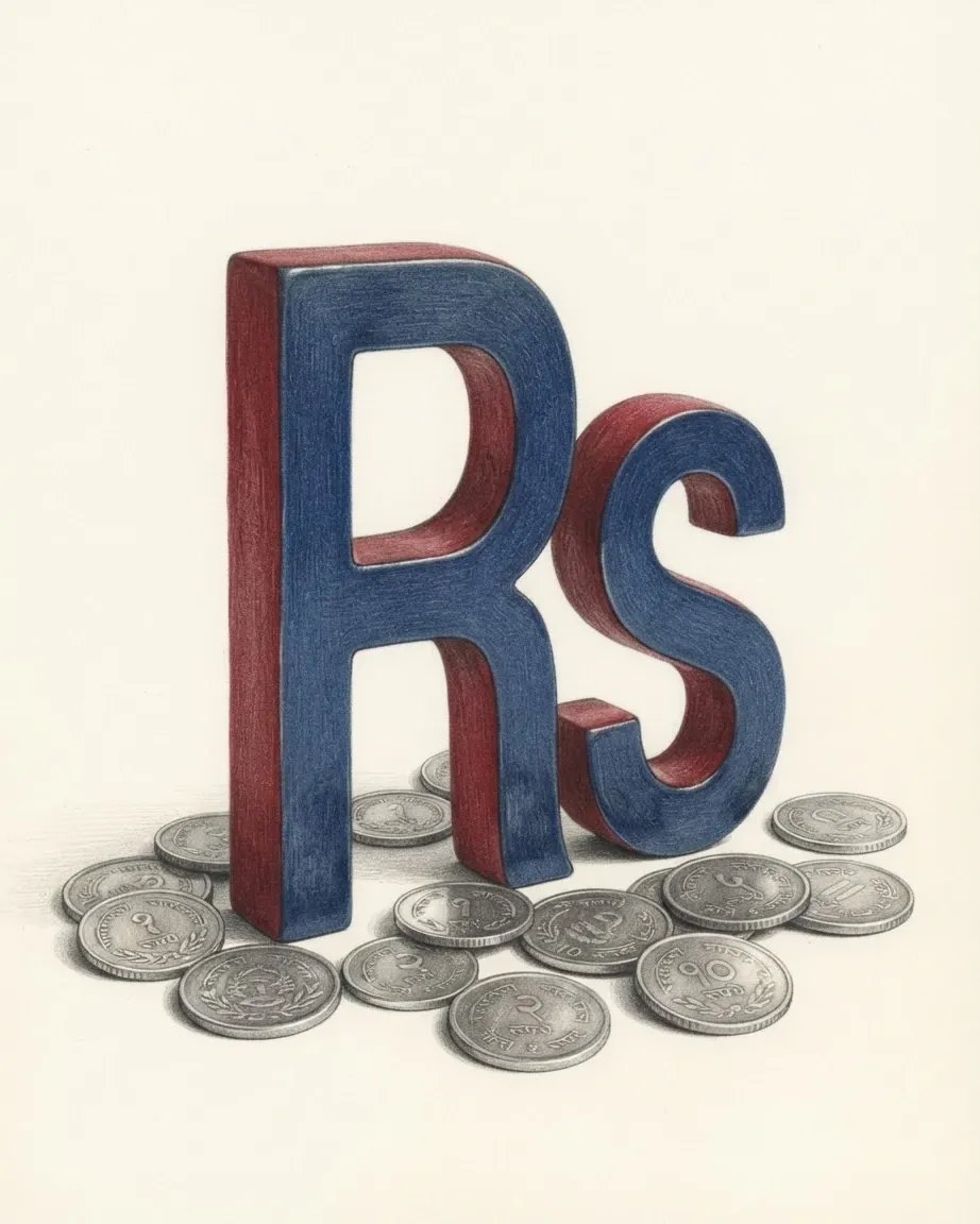 A pencil drawing of the sign Rs as a solid coloured object, standing among coins of the Nepalese rupee.