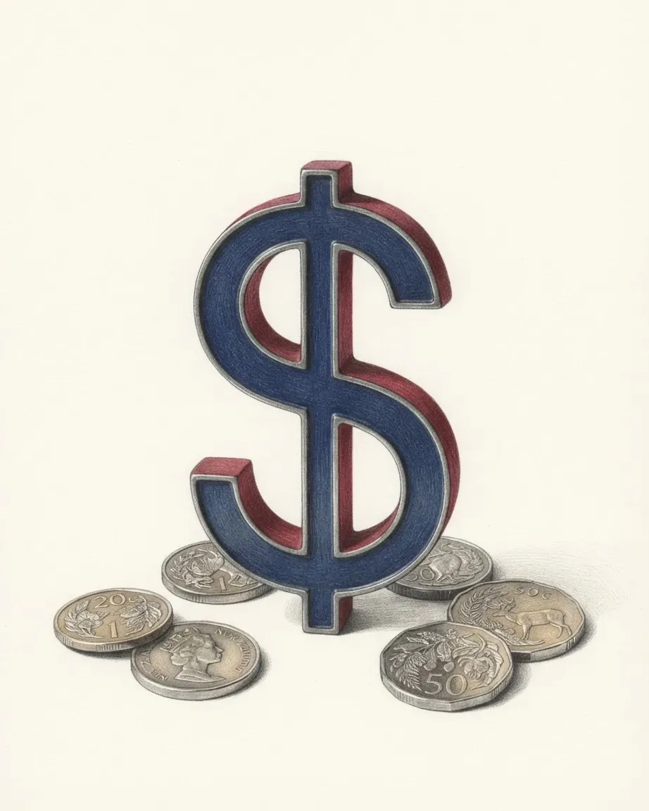 A pencil drawing of the sign $ as a solid coloured object, standing among coins of the New Zealand dollar.