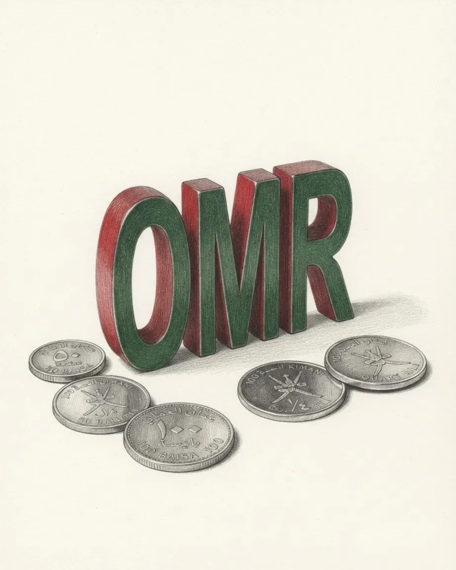 A pencil drawing of the letters OMR as a solid coloured object, standing among coins of the Omani rial.