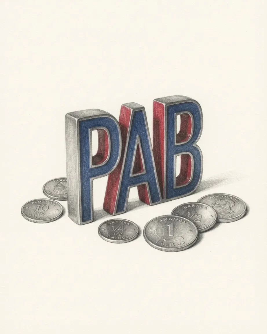 A pencil drawing of the letters PAB as a solid coloured object, standing among coins of the Panamanian balboa.