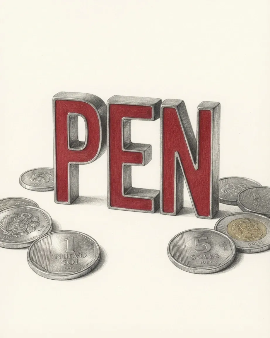A pencil drawing of the letters PEN as a solid coloured object, standing among coins of the Peruvian sol.