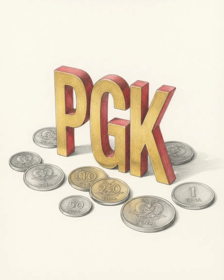 A pencil drawing of the letters PGK as a solid coloured object, standing among coins of the Papua New Guinean kina.
