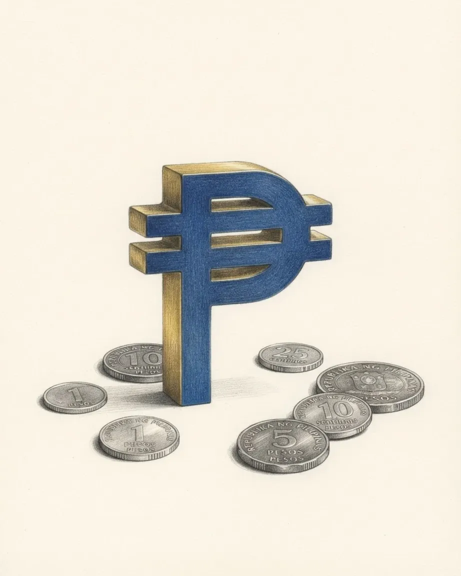 A pencil drawing of the sign ₱ as a solid coloured object, standing among coins of the Philippine peso.