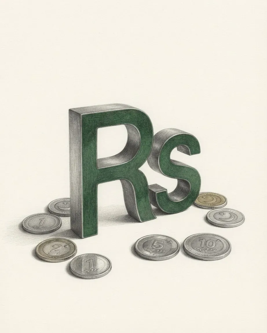 A pencil drawing of the sign Rs as a solid coloured object, standing among coins of the Pakistani rupee.
