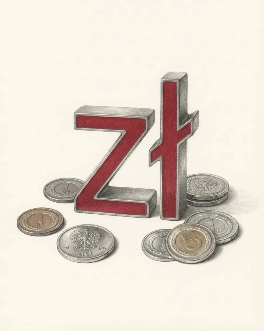 A pencil drawing of the sign zł as a solid coloured object, standing among coins of the Polish zloty.