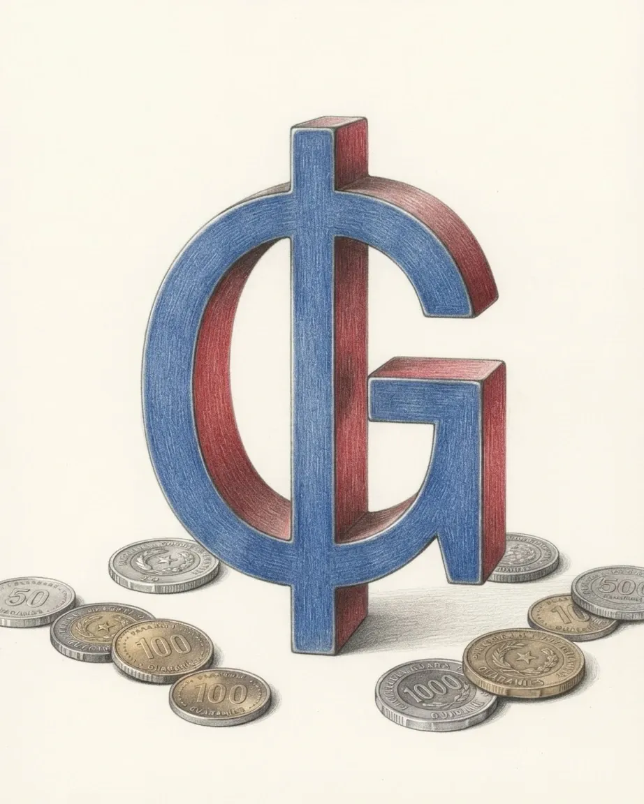 A pencil drawing of the sign ₲ as a solid coloured object, standing among coins of the Paraguayan guarani.