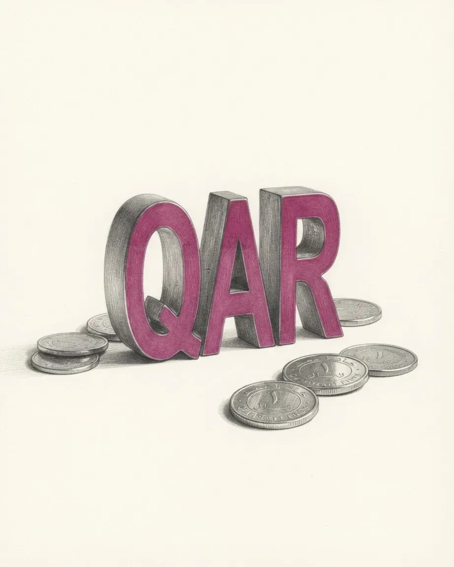 A pencil drawing of the letters QAR as a solid coloured object, standing among coins of the Qatari riyal.