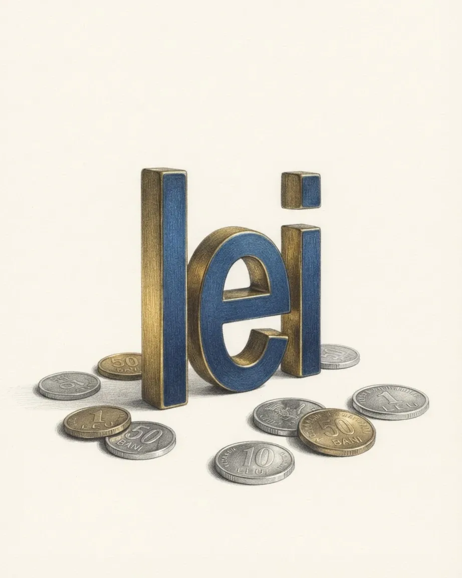 A pencil drawing of the sign lei as a solid coloured object, standing among coins of the Romanian leu.
