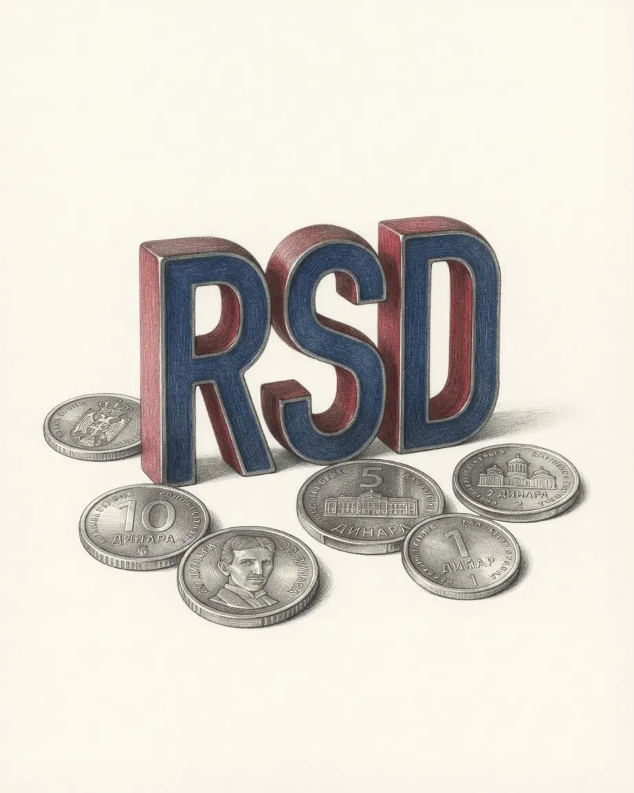 A pencil drawing of the letters RSD as a solid coloured object, standing among coins of the Serbian dinar.