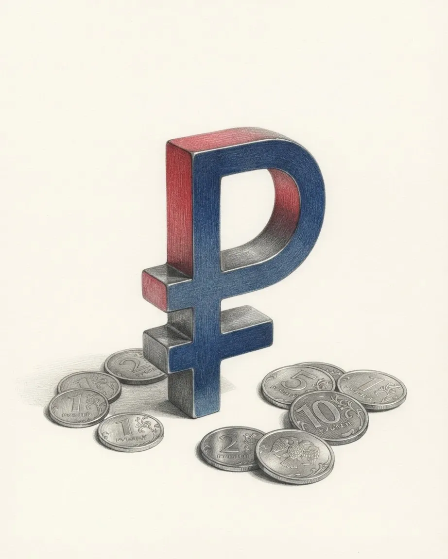 A pencil drawing of the sign ₽ as a solid coloured object, standing among coins of the Russian rouble.