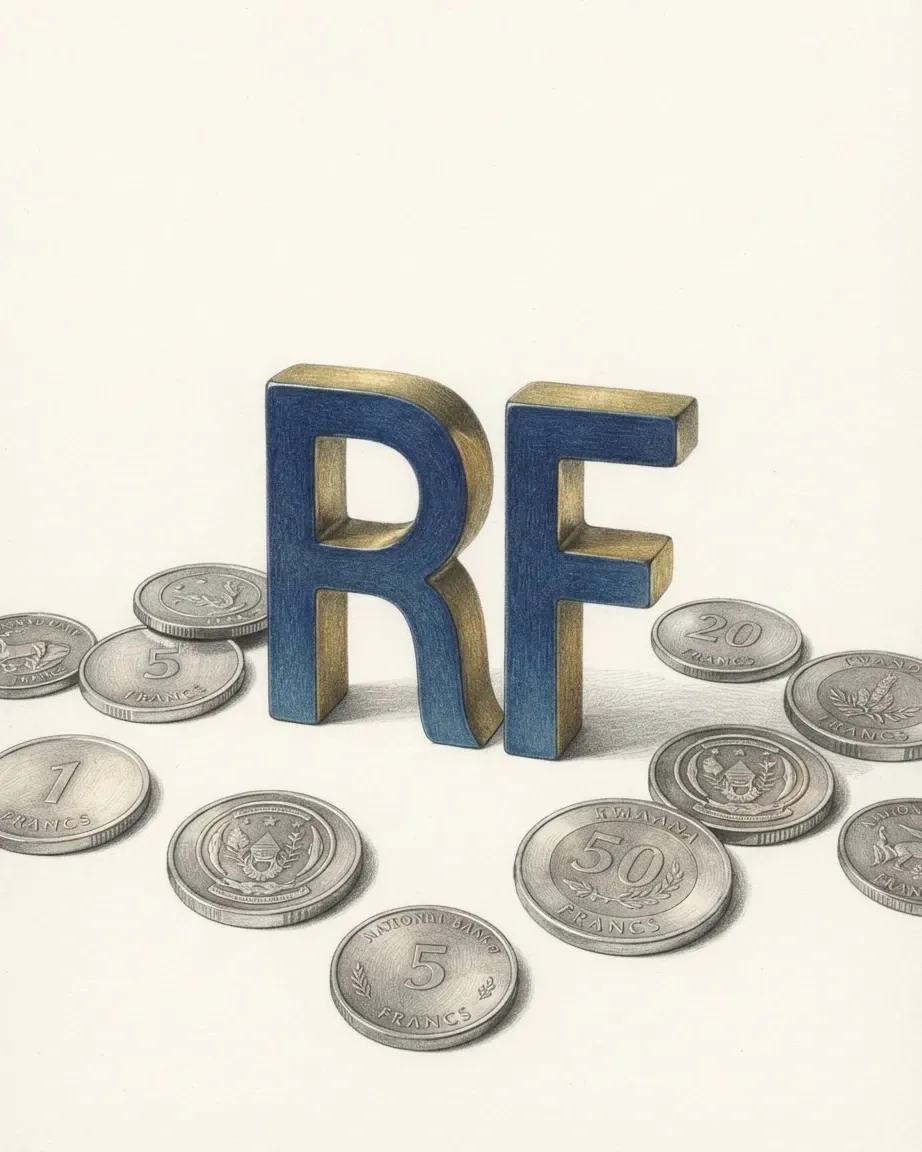 A pencil drawing of the sign RF as a solid coloured object, standing among coins of the Rwandan franc.