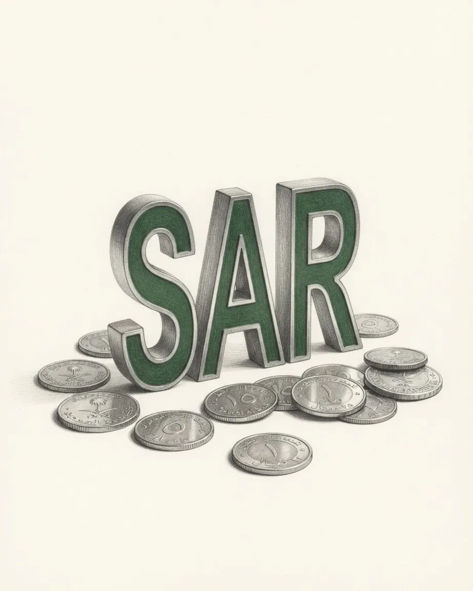 A pencil drawing of the letters SAR as a solid coloured object, standing among coins of the Saudi riyal.