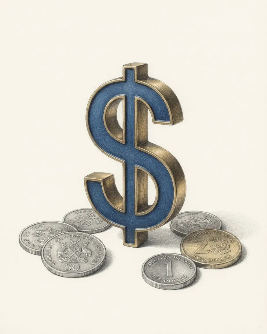 A pencil drawing of the sign $ as a solid coloured object, standing among coins of the Solomon Islands dollar.