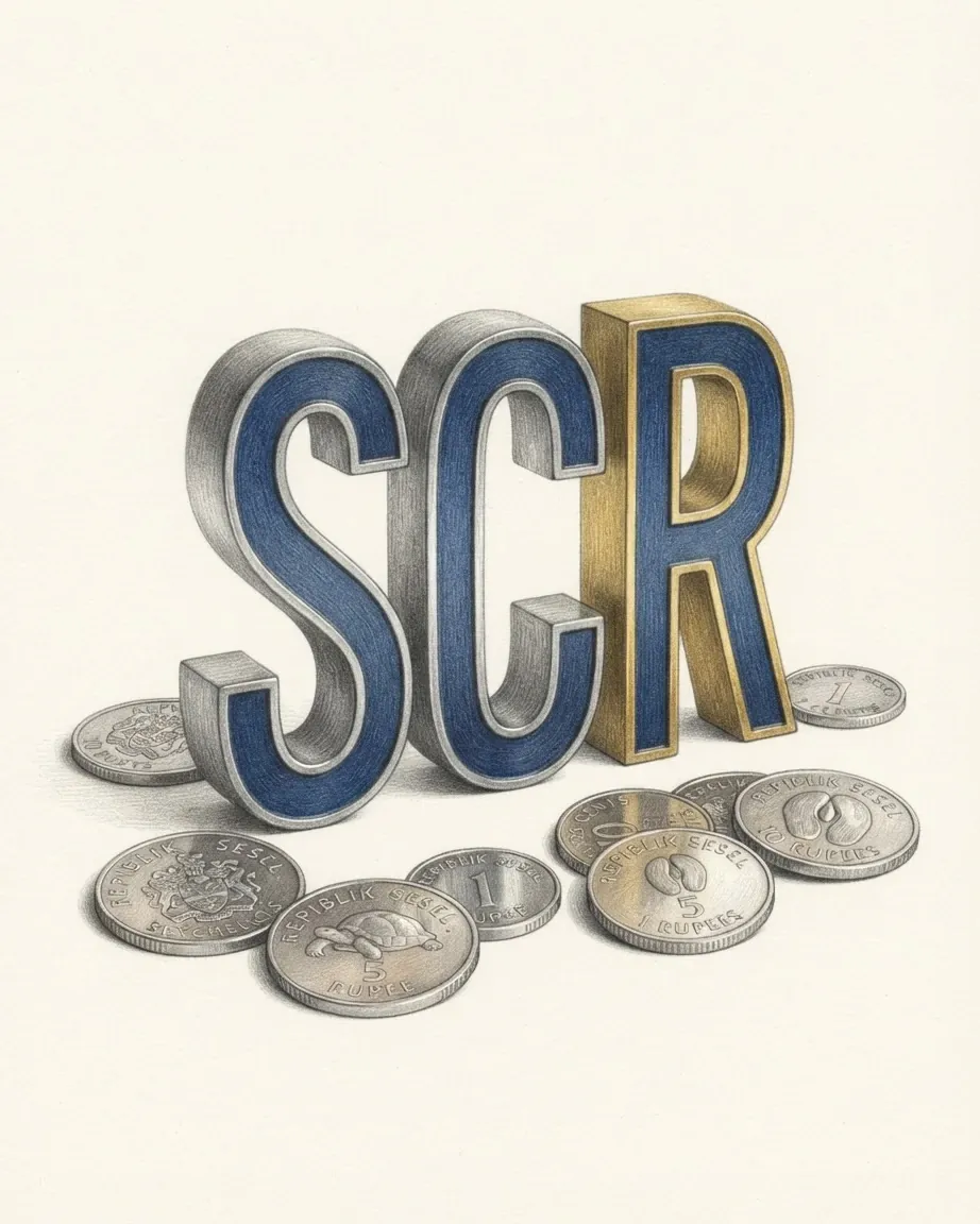 A pencil drawing of the letters SCR as a solid coloured object, standing among coins of the Seychellois rupee.