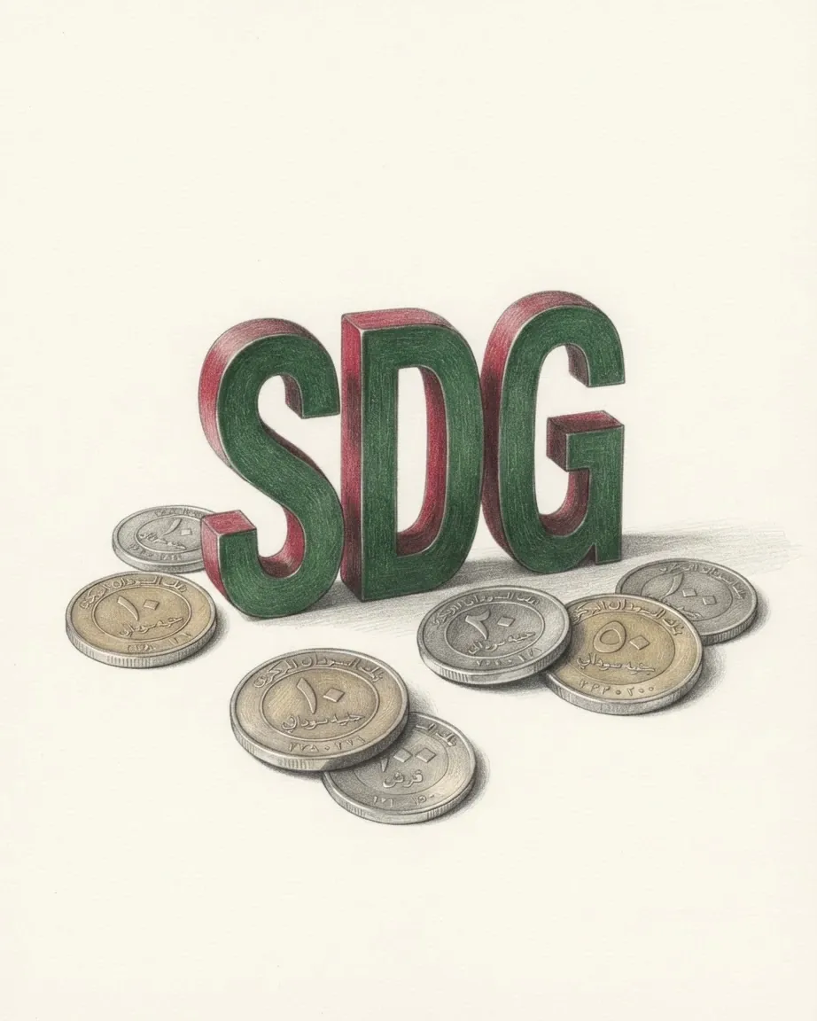 A pencil drawing of the letters SDG as a solid coloured object, standing among coins of the Sudanese pound.