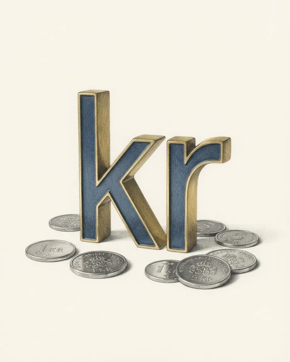 A pencil drawing of the sign kr as a solid coloured object, standing among coins of the Swedish krona.