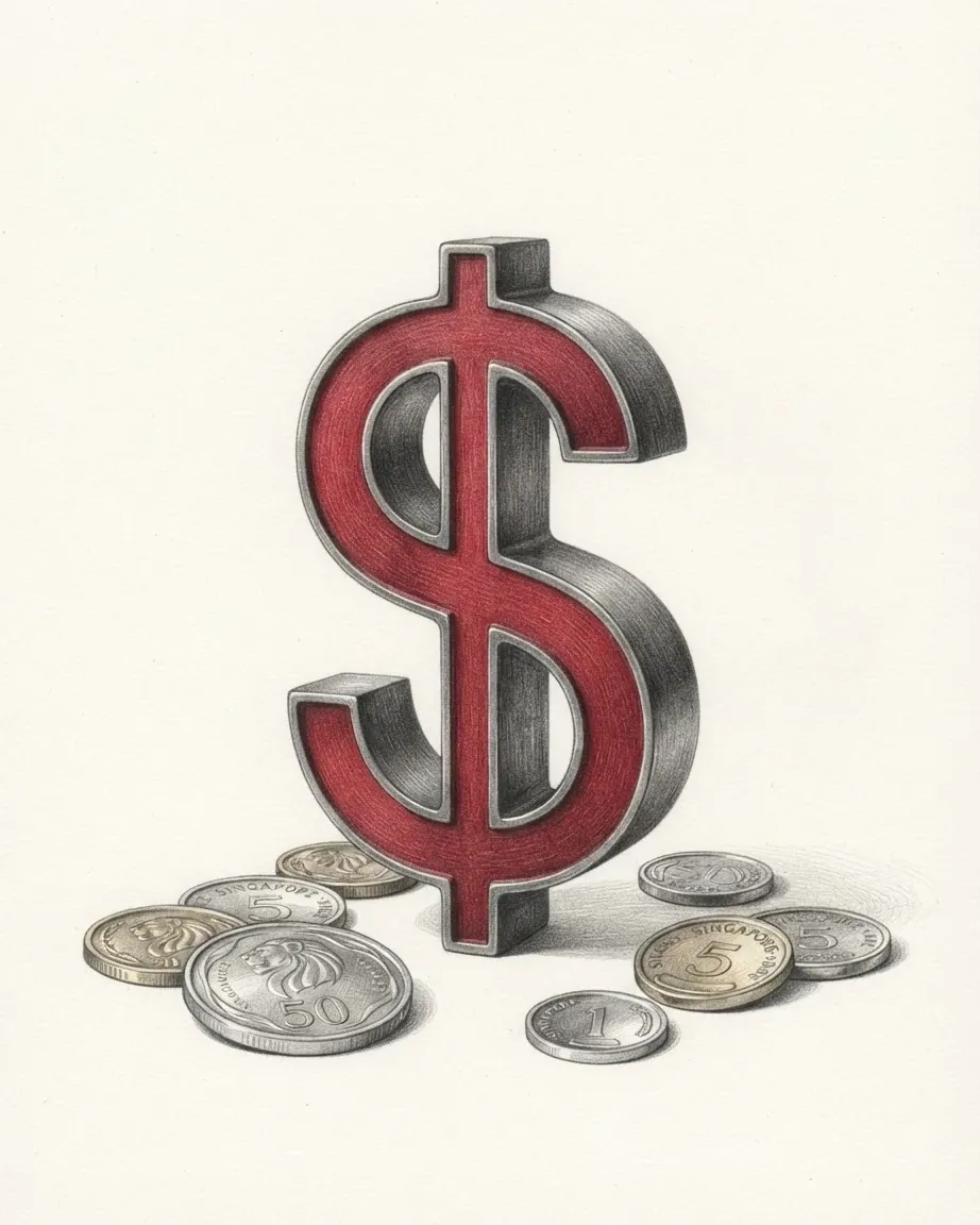 A pencil drawing of the sign $ as a solid coloured object, standing among coins of the Singapore dollar.