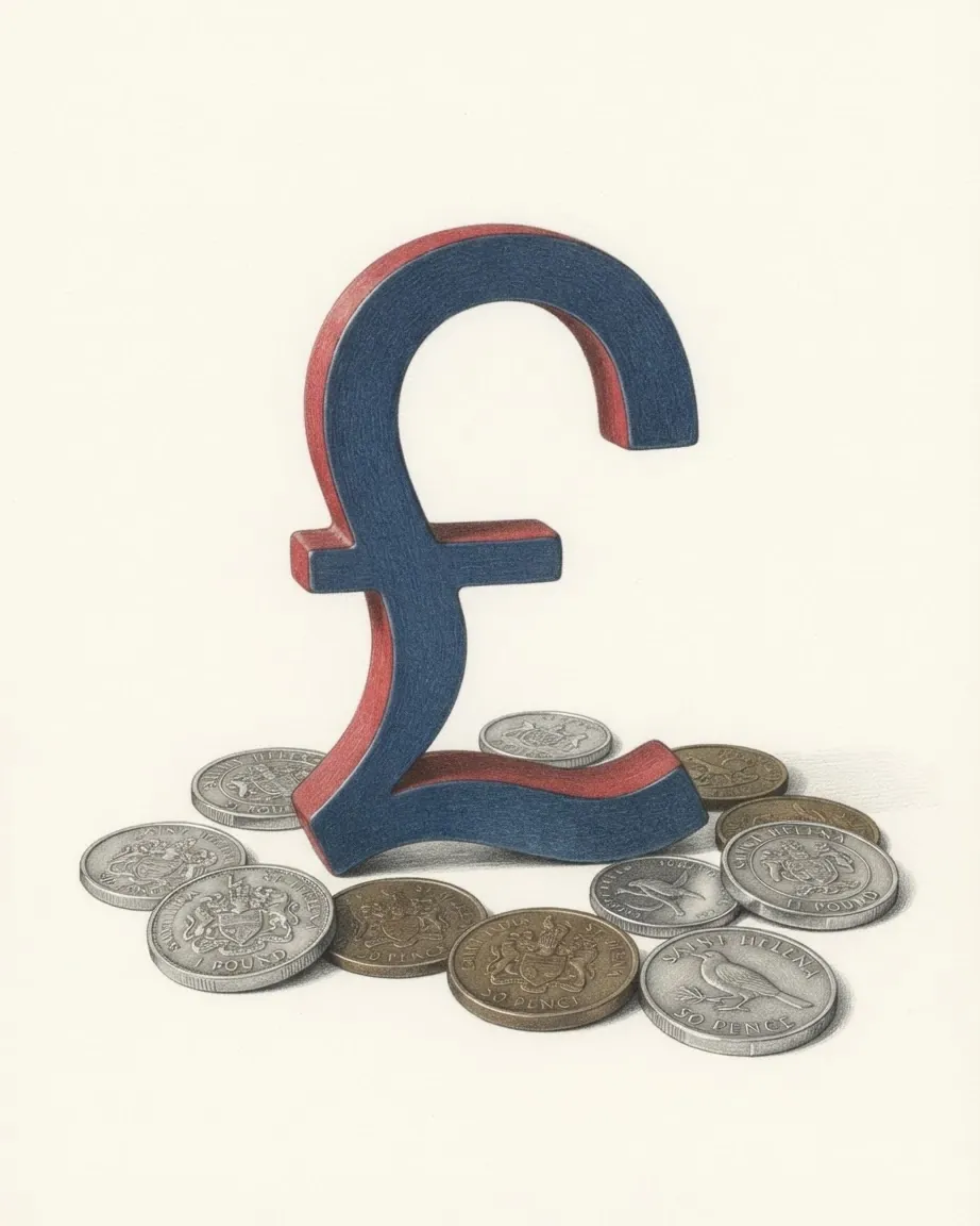 A pencil drawing of the sign £ as a solid coloured object, standing among coins of the St Helena pound.