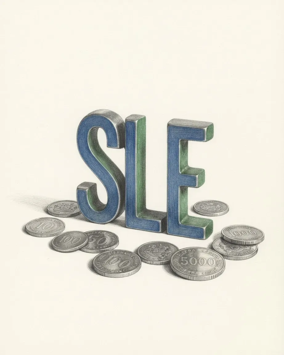 A pencil drawing of the letters SLE as a solid coloured object, standing among coins of the Sierra Leonean leone.