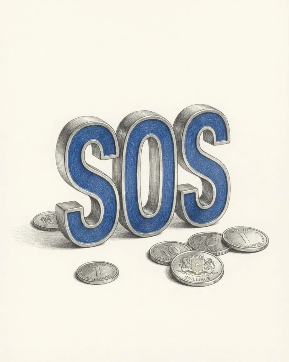 A pencil drawing of the letters SOS as a solid coloured object, standing among coins of the Somali shilling.