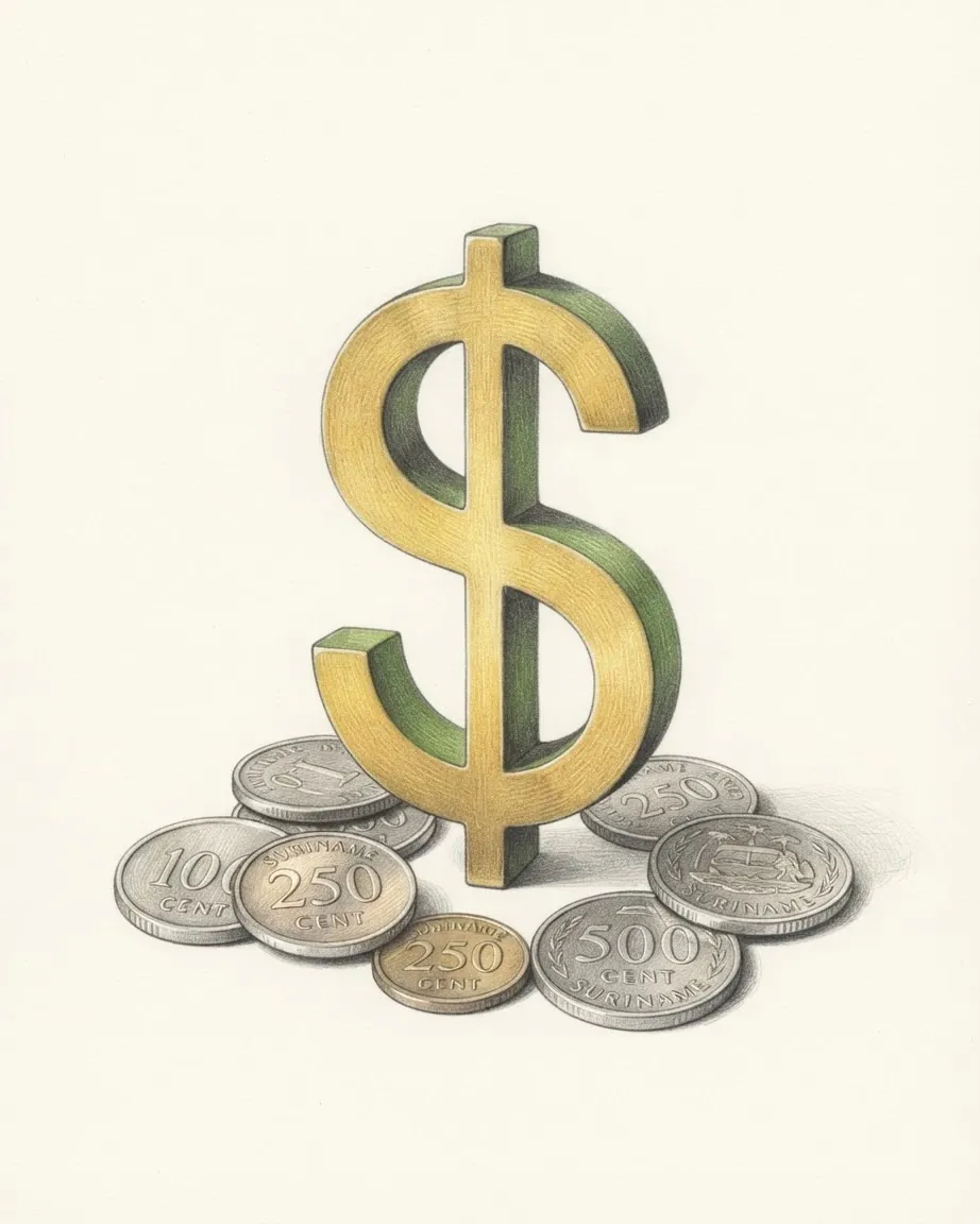 A pencil drawing of the sign $ as a solid coloured object, standing among coins of the Surinamese dollar.