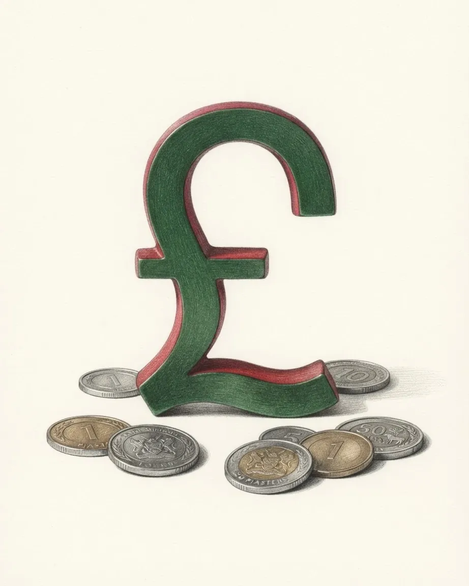A pencil drawing of the sign £ as a solid coloured object, standing among coins of the South Sudanese pound.