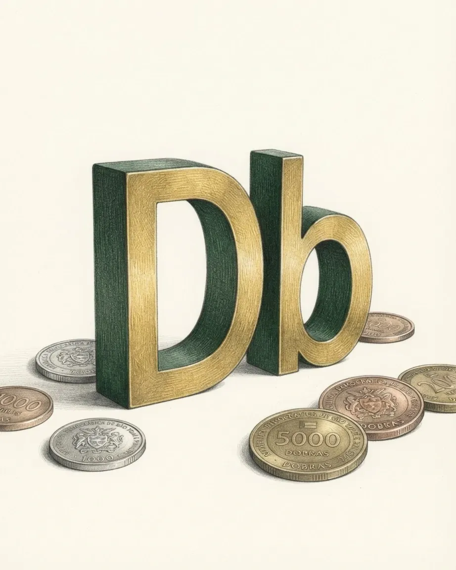 A pencil drawing of the sign Db as a solid coloured object, standing among coins of the São Tomé & Príncipe dobra.