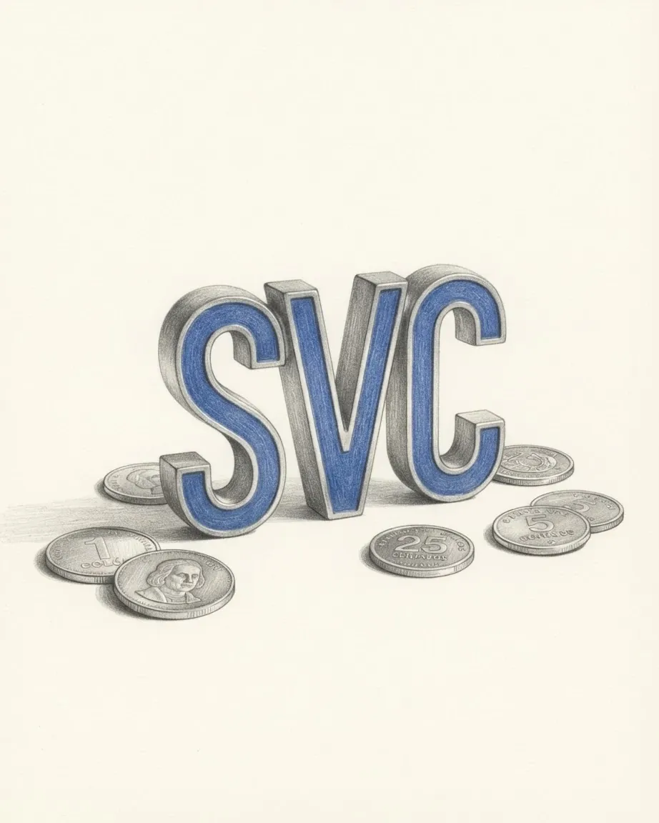 A pencil drawing of the letters SVC as a solid coloured object, standing among coins of the Salvadoran colón.