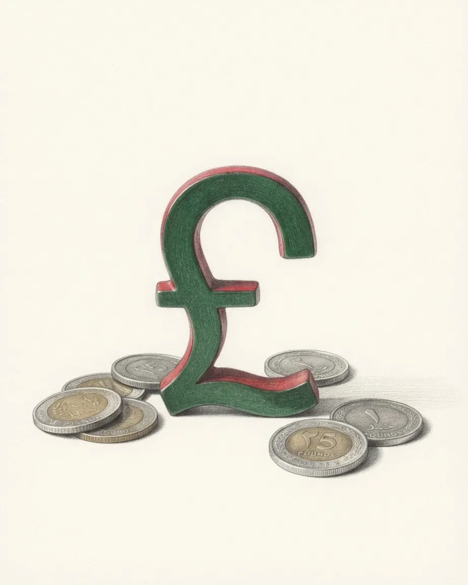 A pencil drawing of the sign £ as a solid coloured object, standing among coins of the Syrian pound.