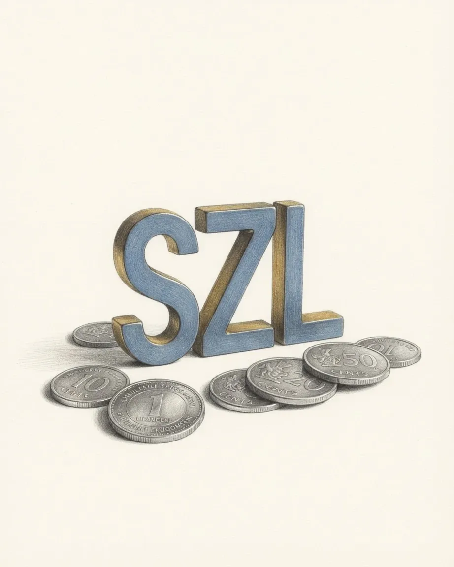 A pencil drawing of the letters SZL as a solid coloured object, standing among coins of the Swazi lilangeni.